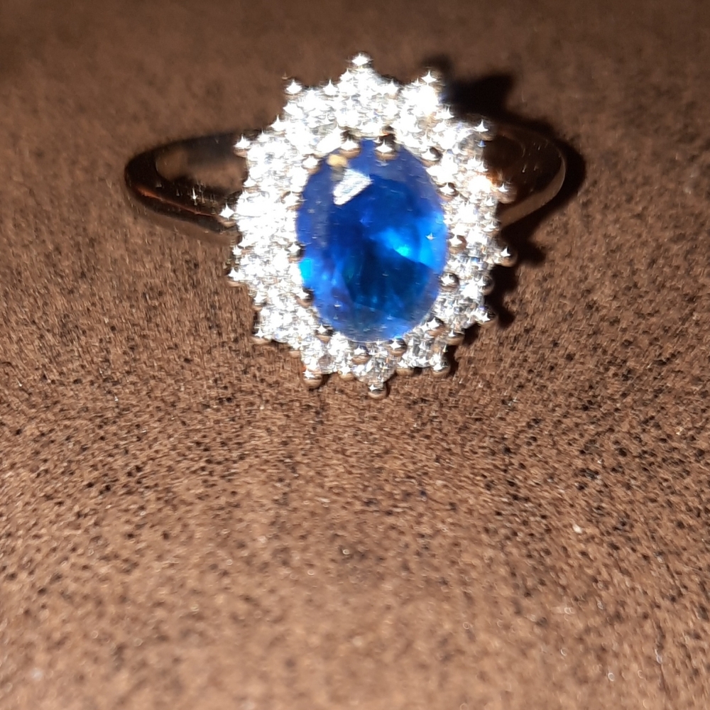 Silver Large Blue Oval Clear Stone halo Cocktail engagement Ring